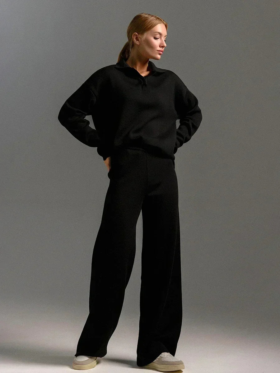 Women’s Collared Knit Lounge Set – Relaxed Pullover & Straight-Leg Trousers