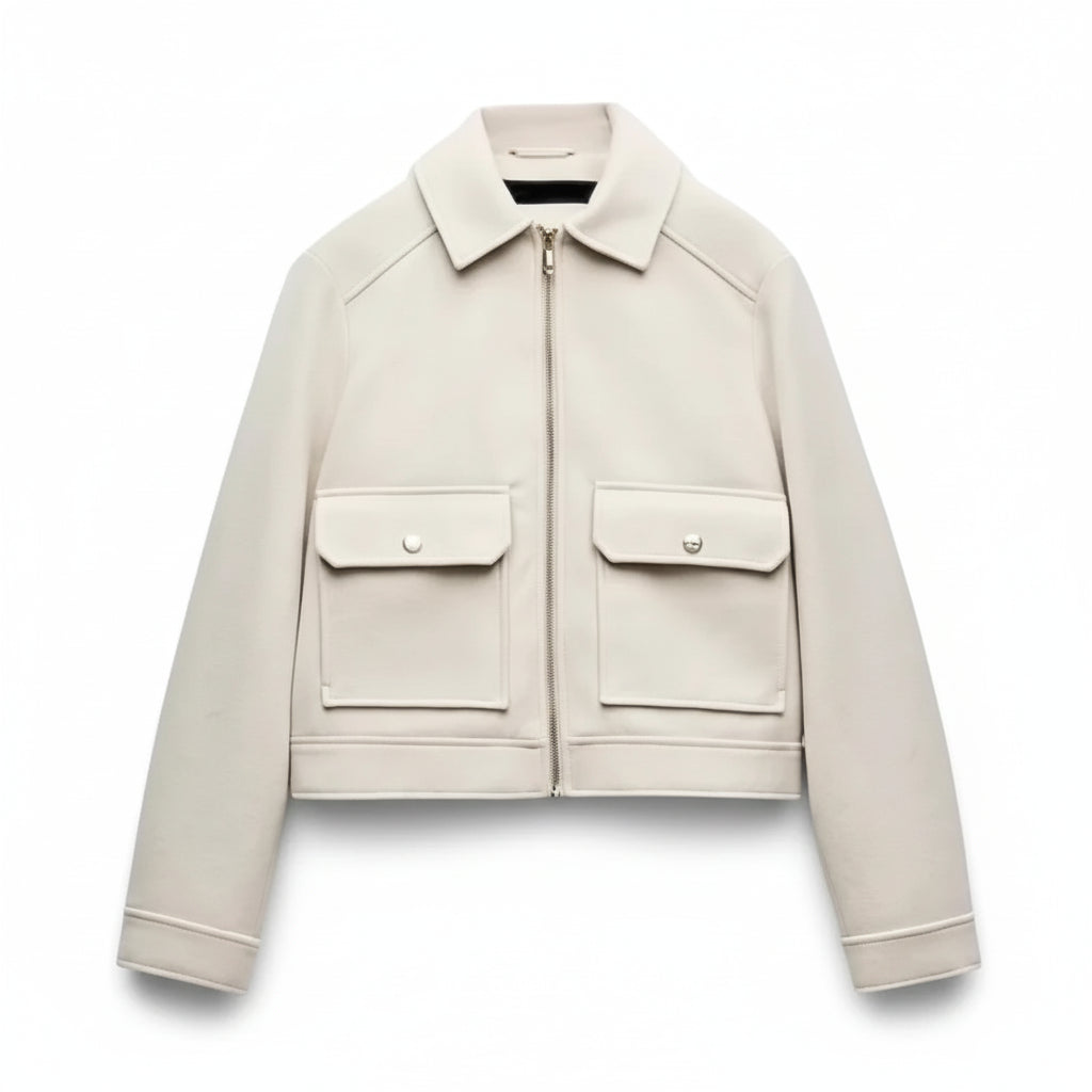 Women’s Cropped Zip Up Jacket with Pointed Collar and Flap Patch Pockets