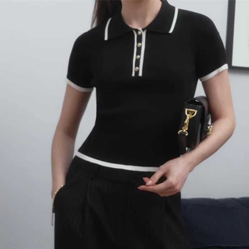 Women’s Ribbed Short Sleeve Polo Top with Button Placket and Contrast Collar