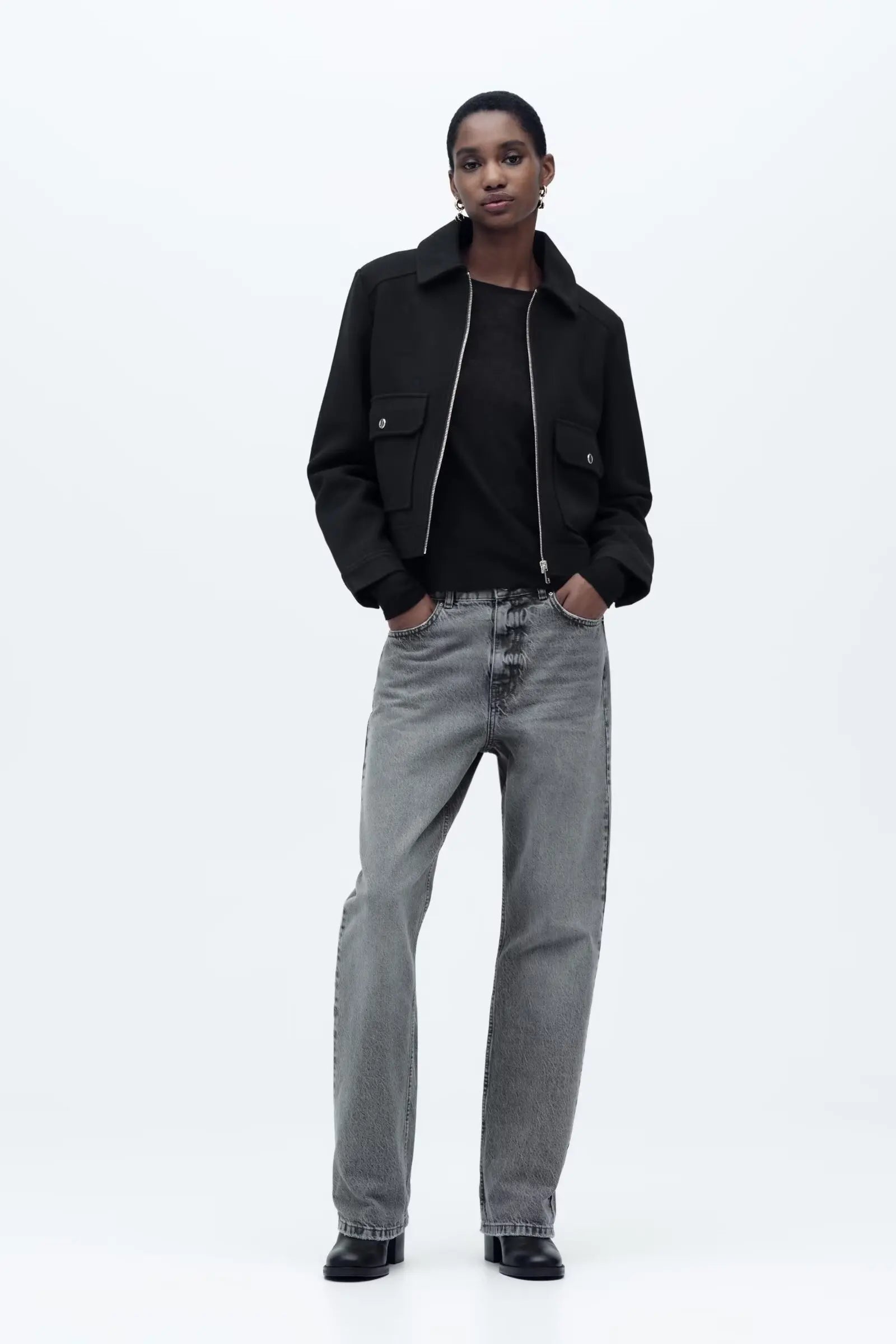 Women’s Cropped Zip Up Jacket with Pointed Collar and Flap Patch Pockets