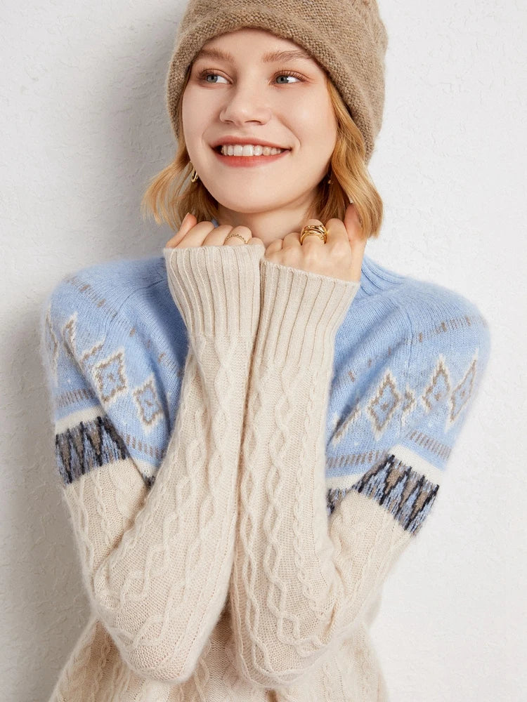 Women’s Jacquard High Neck Knitted Wool Jumper with Patterned Yoke and Ribbed Cuffs