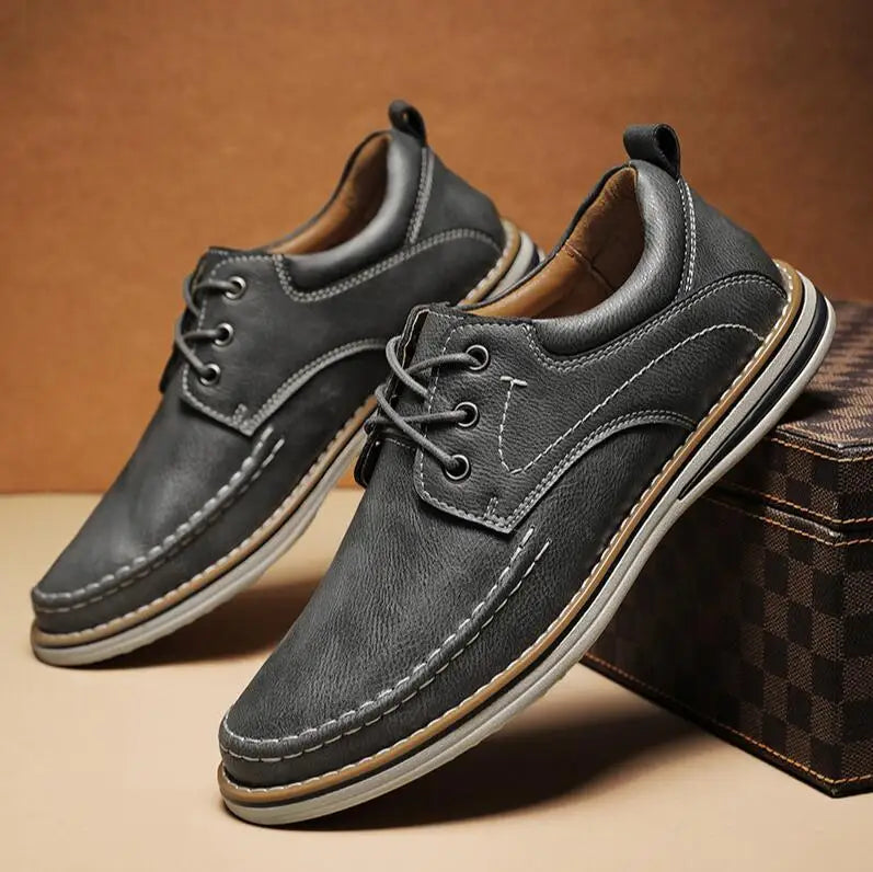 Men's Genuine Leather Lace Up Casual Shoes - Contrast Stitch - Layered Sole