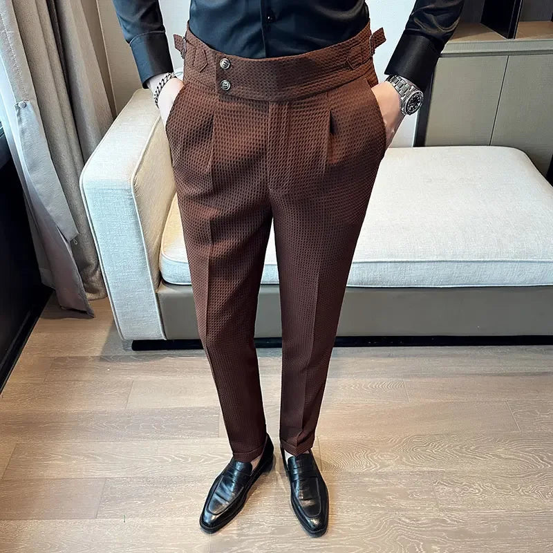 Men's Dress Pants - High Waist Slim Fit with Double Button Closure - Pleated Front