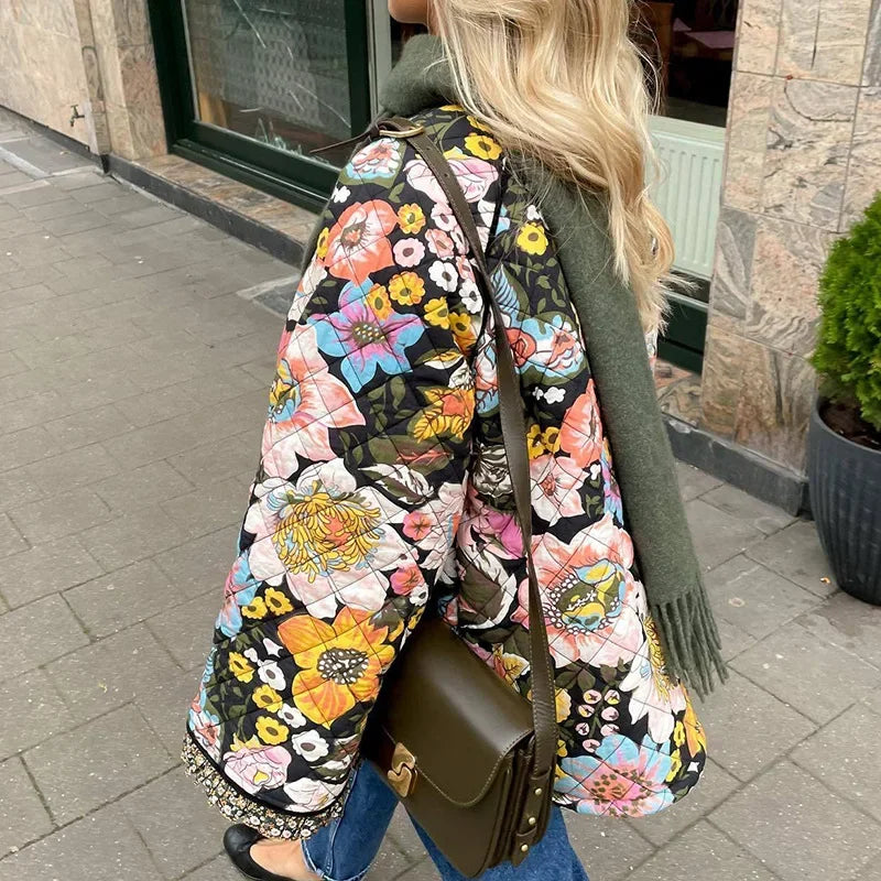 Women’s Quilted Jacket – Floral Print Padded Coat with Open Front Design