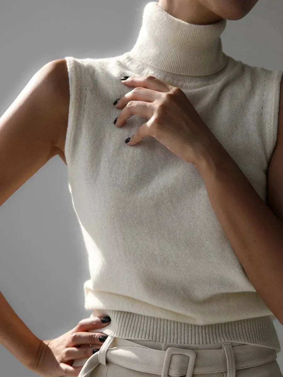 Women’s Sleeveless High Neck Knitted Vest with Ribbed Hem and Fitted Silhouette