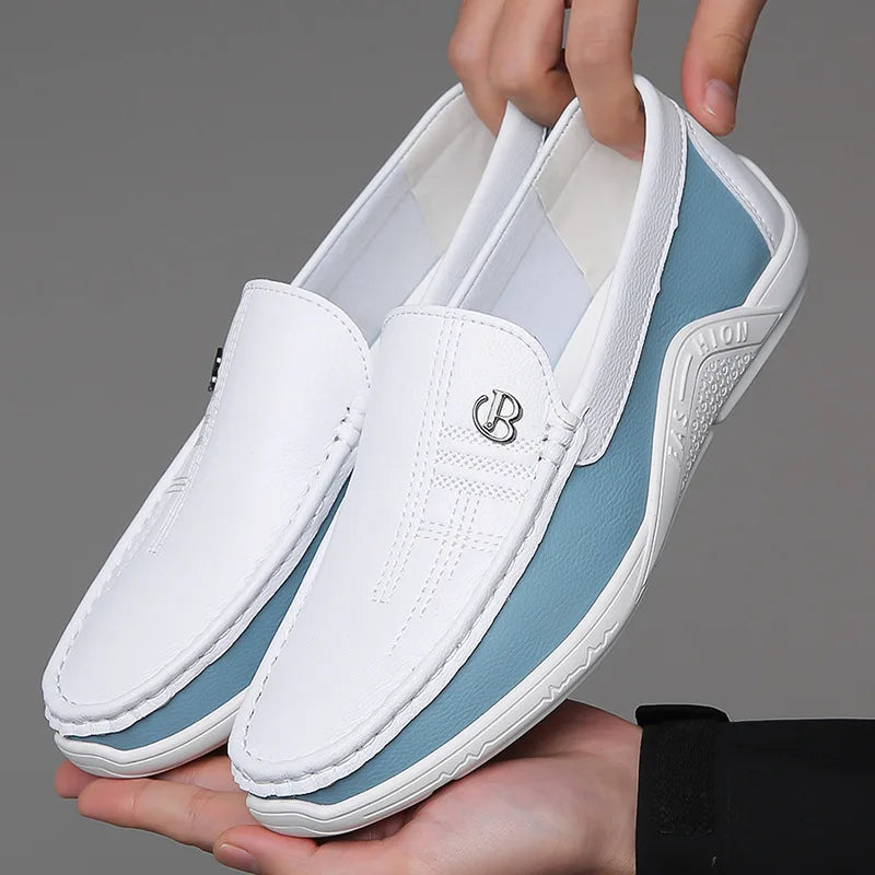 Men's Slip-On Loafers with Contrast Panel - Metal Badge Detail - White Sole - Casual Style