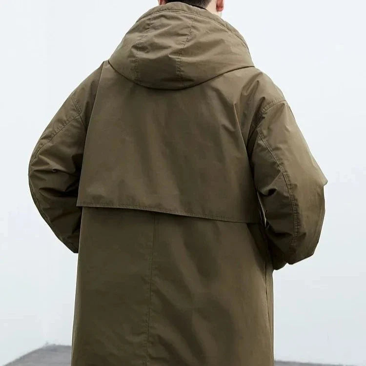 Men’s Hooded Layered Trench Coat - Mid Length Button Front Jacket