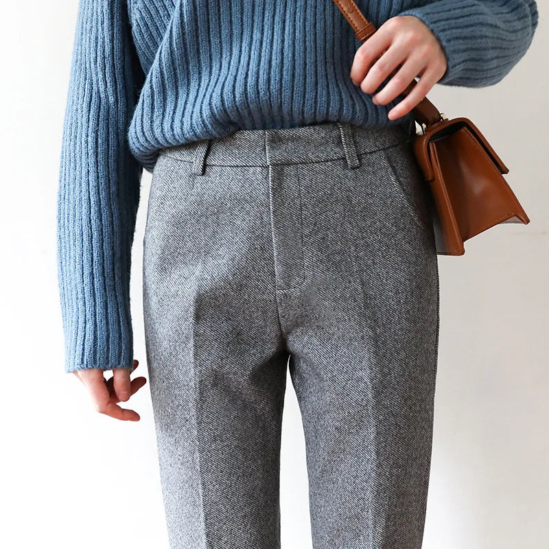 Women's High-Waisted Straight Leg Pants with Belt Loops and Front Seam Detail