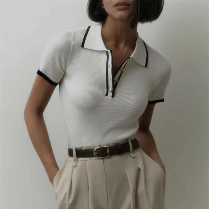Women’s Ribbed Short Sleeve Polo Top with Button Placket and Contrast Collar
