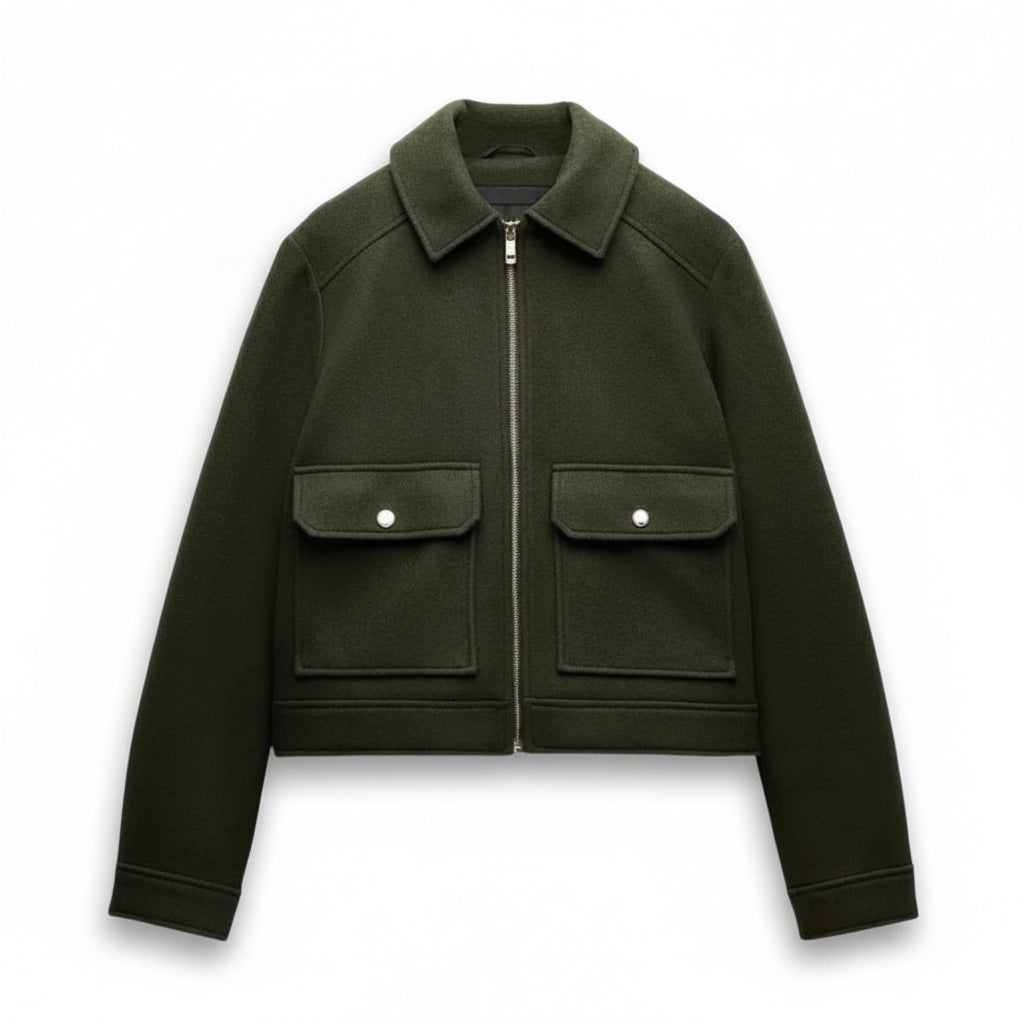 Women’s Cropped Zip Up Jacket with Pointed Collar and Flap Patch Pockets