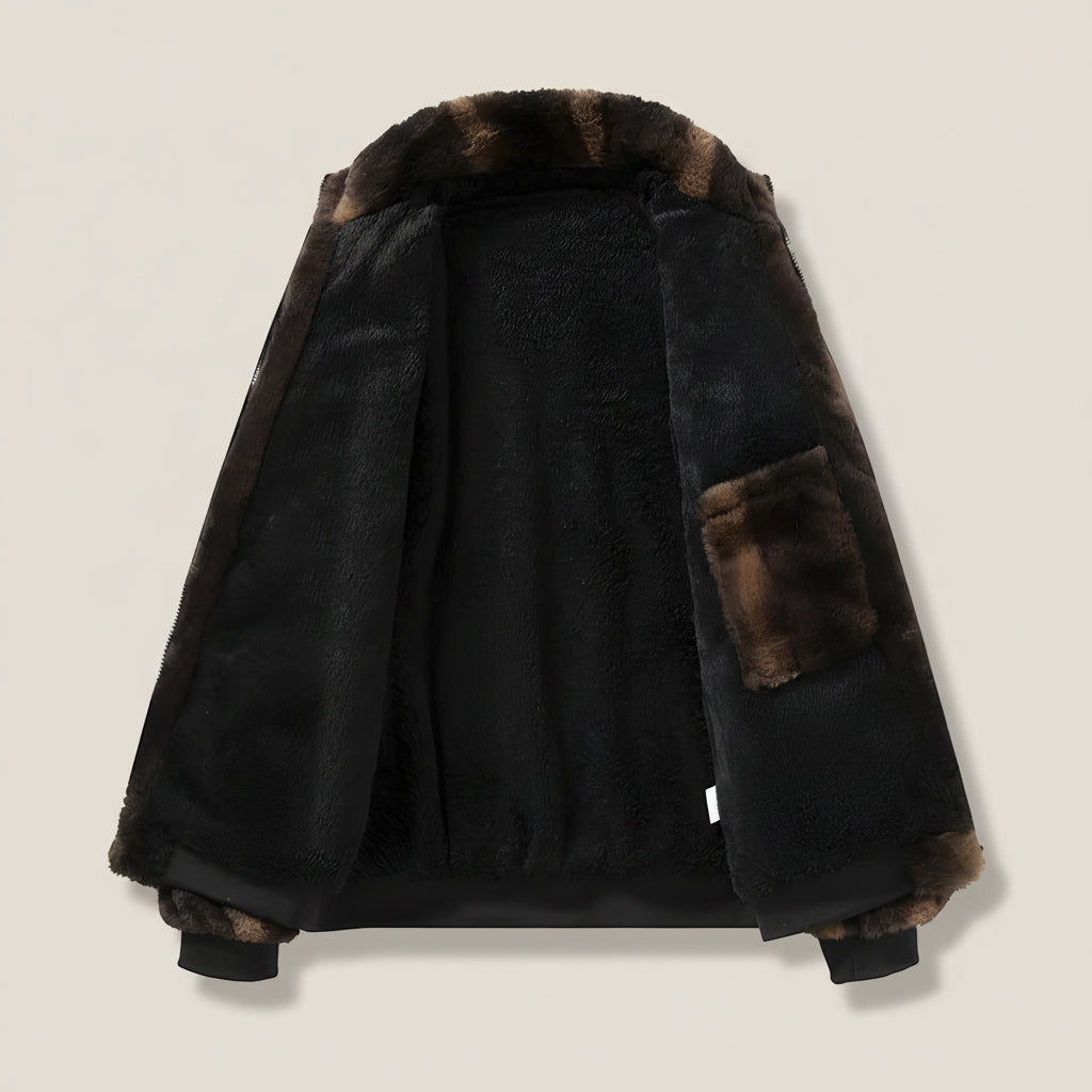 Women’s Faux Fur Bomber Jacket – Zip Front Oversized Faux Fur Coat with Ribbed Cuffs