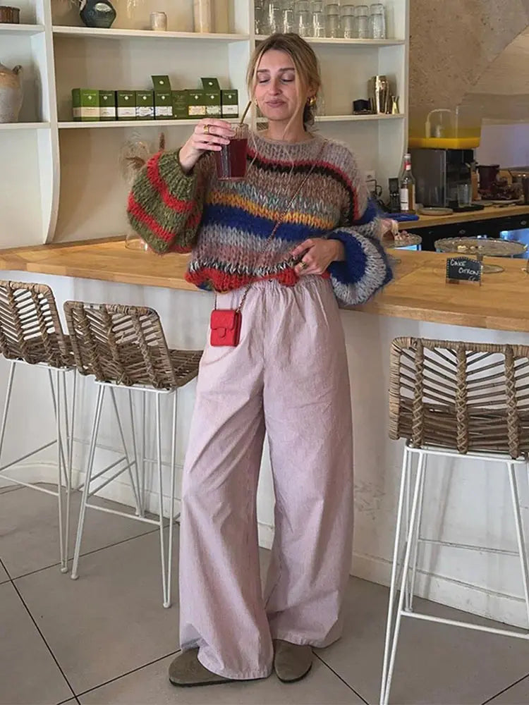 Women's Chunky Knit Jumper - Oversized - Multicolour Stripe - Crew Neck - Batwing Sleeve