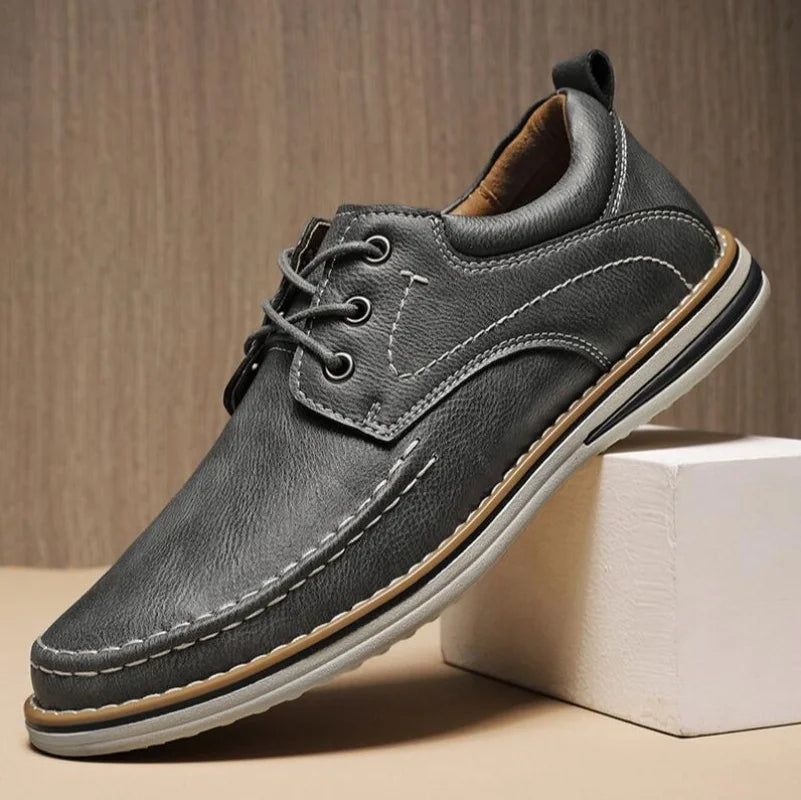 Men's Genuine Leather Lace Up Casual Shoes - Contrast Stitch - Layered Sole