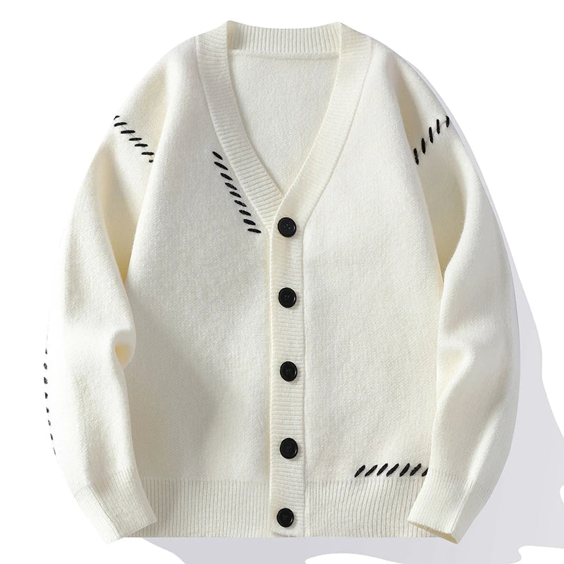 Men's Cardigan - V-Neck Button Front Knit with Contrast Stitch Detail