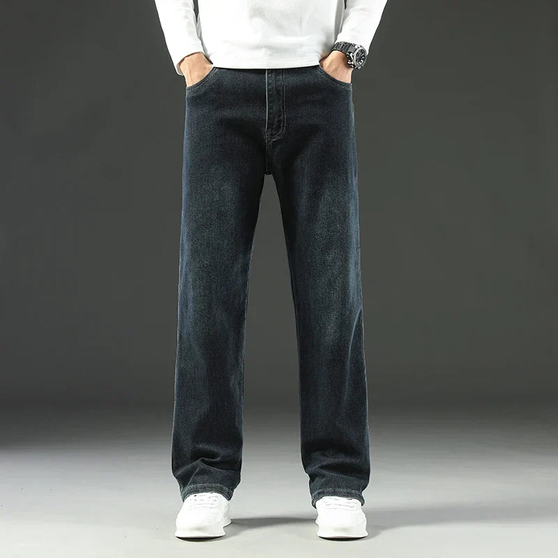 Men's Wide Leg Jeans with Side Patch Pocket - Woven Label Detail - Full Length Casual Style