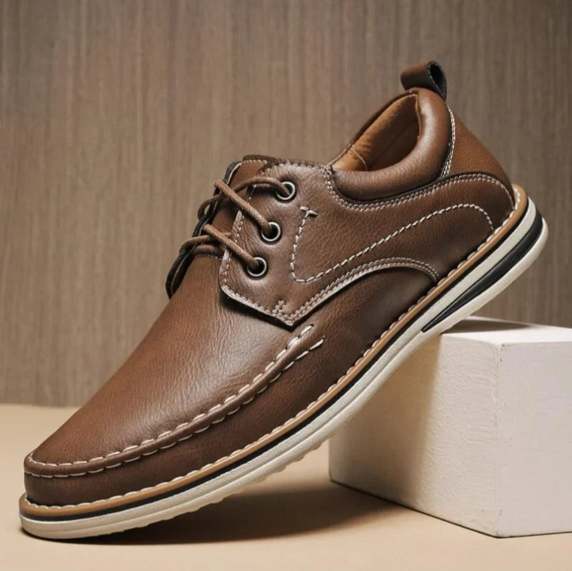 Men's Genuine Leather Lace Up Casual Shoes - Contrast Stitch - Layered Sole