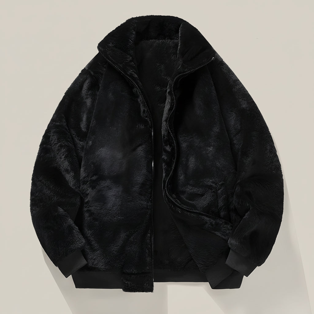 Women’s Faux Fur Bomber Jacket – Zip Front Oversized Faux Fur Coat with Ribbed Cuffs