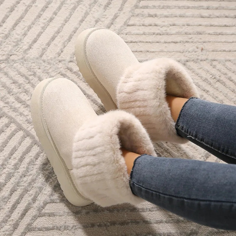 Women’s Faux Fur Ankle Boots with Round Toe and Thick Platform Sole