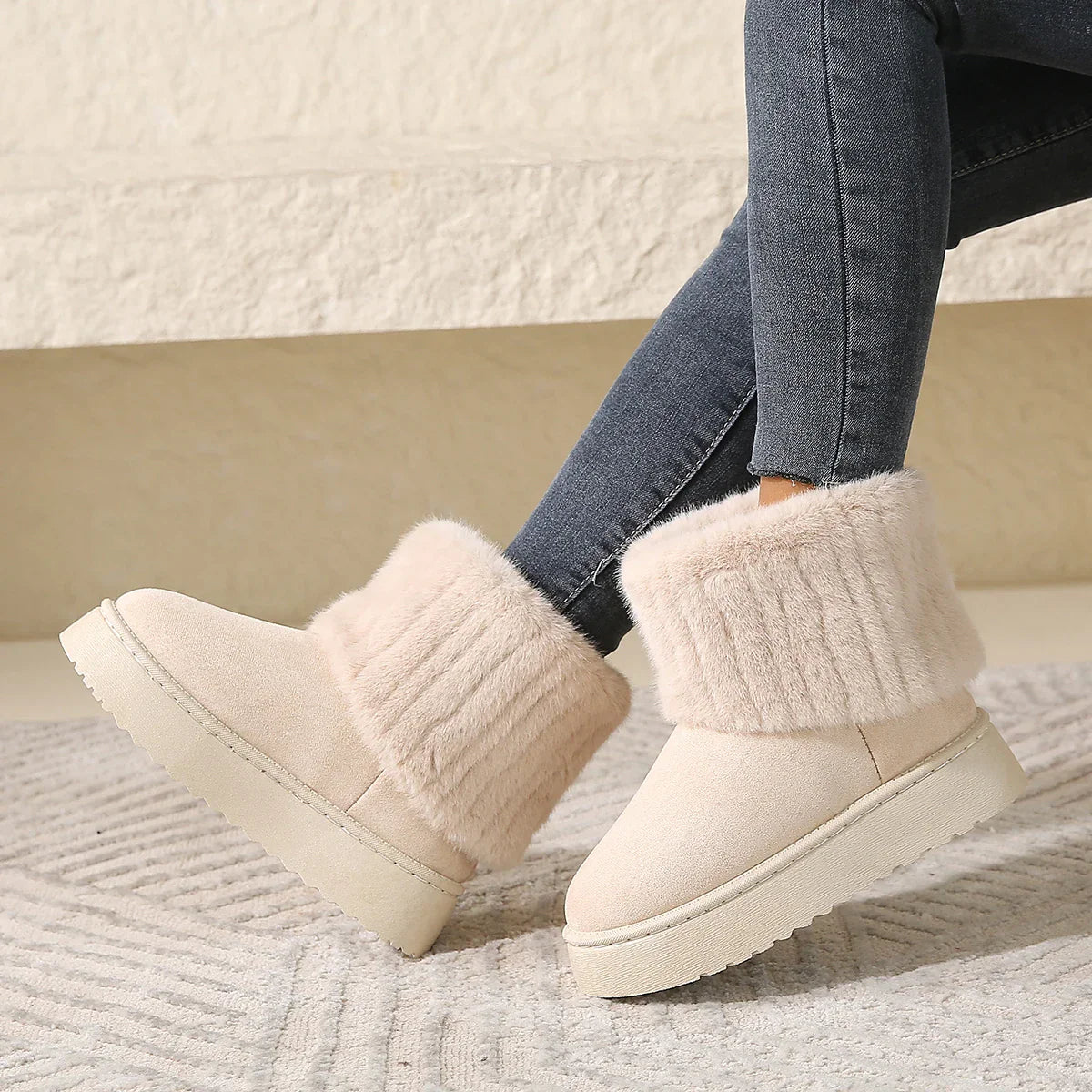 Women’s Faux Fur Ankle Boots with Round Toe and Thick Platform Sole