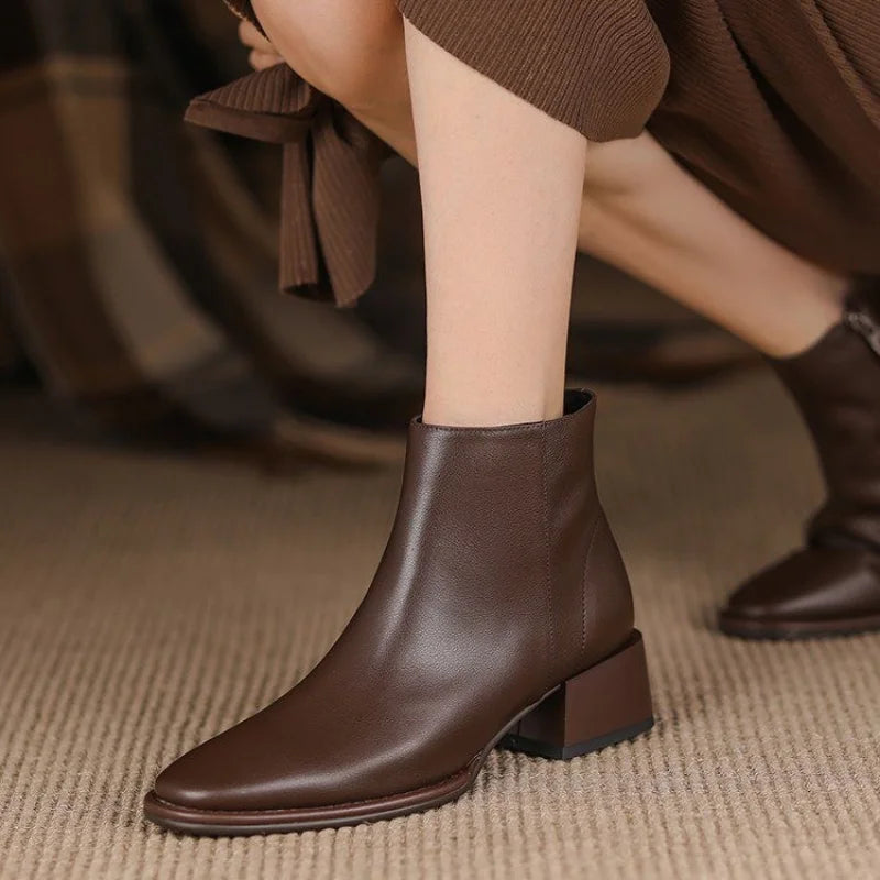 Women’s Ankle Boots – Chunky Block Heel Slip On Boots with Almond Toe