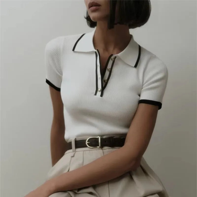 Women’s Ribbed Short Sleeve Polo Top with Button Placket and Contrast Collar