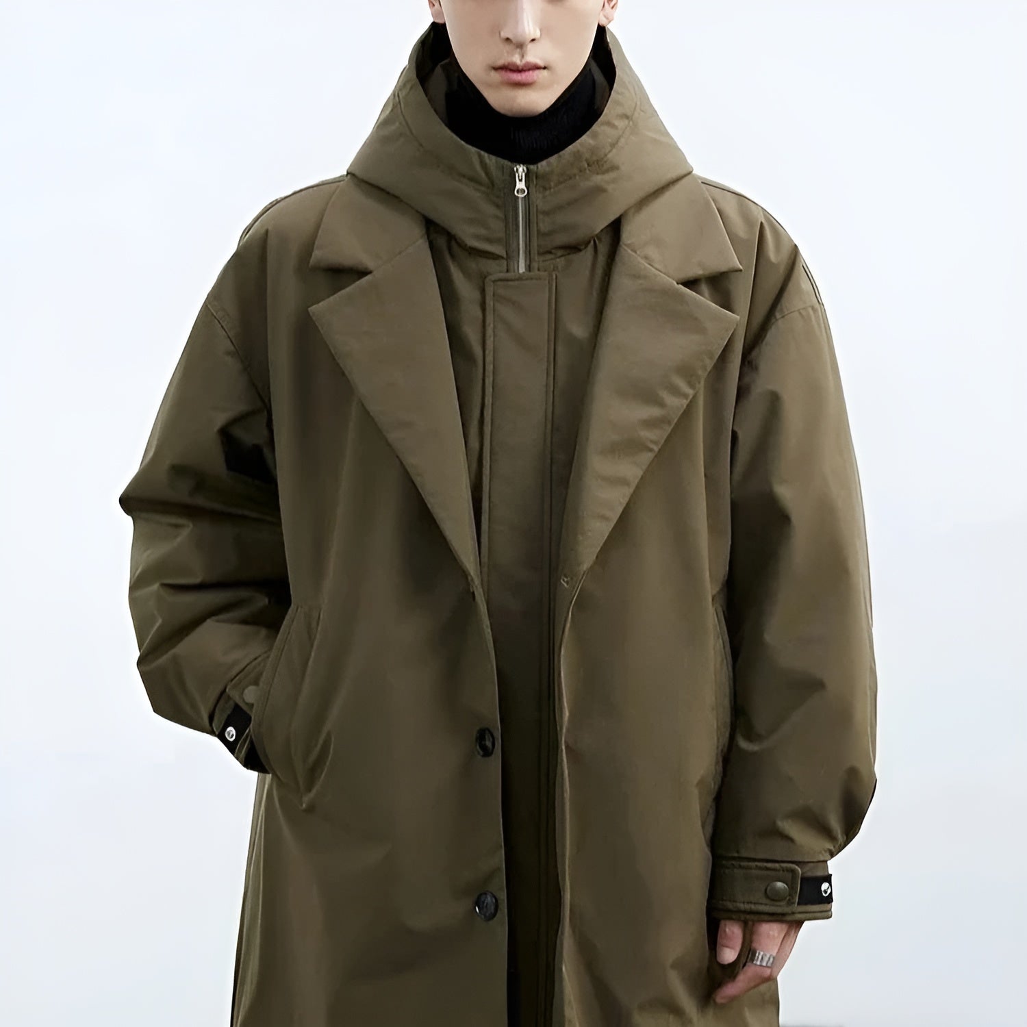 Men’s Hooded Layered Trench Coat - Mid Length Button Front Jacket