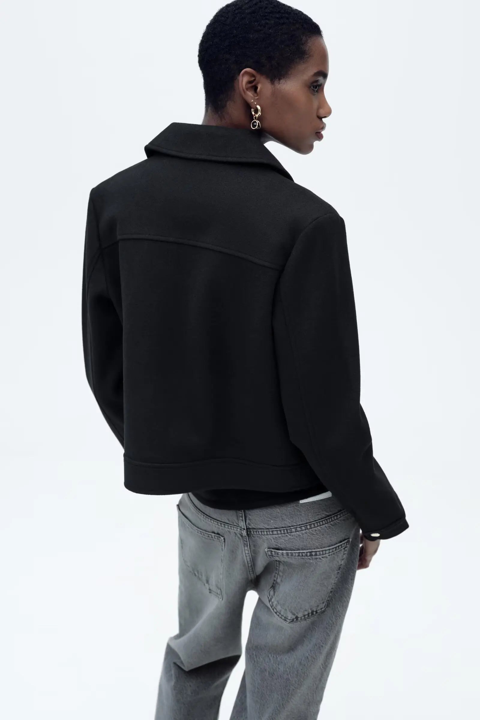 Women’s Cropped Zip Up Jacket with Pointed Collar and Flap Patch Pockets