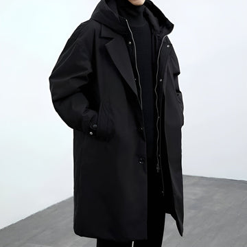 Men’s Hooded Layered Trench Coat - Mid Length Button Front Jacket