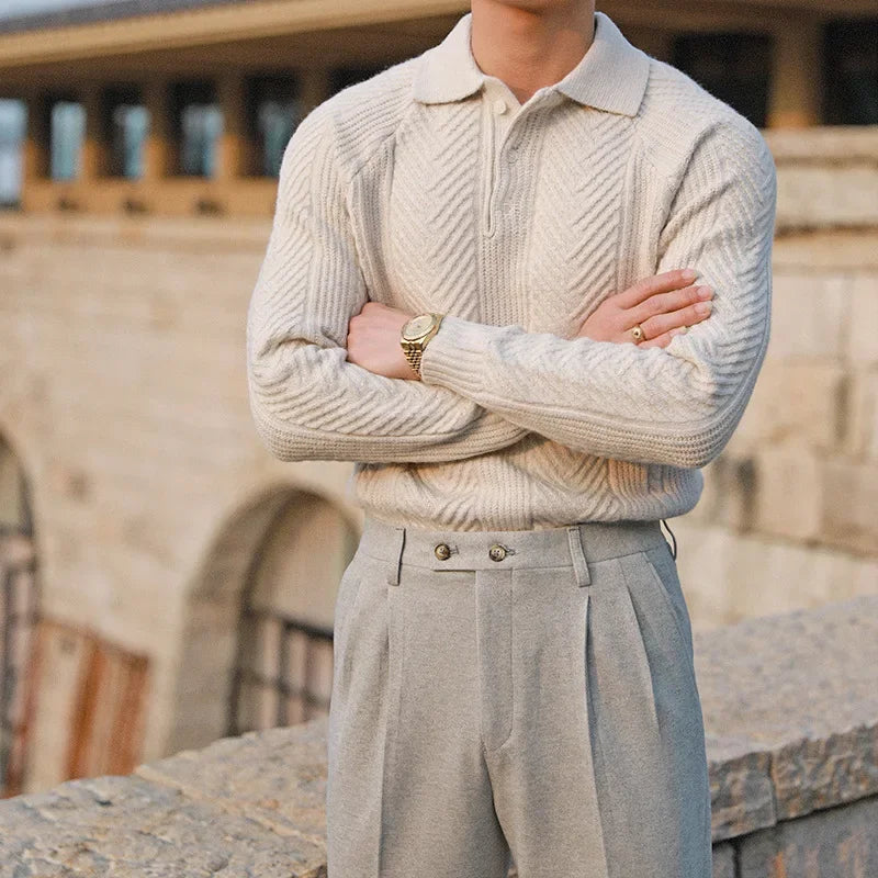 Men’s Knitted Polo Sweater with Button Placket - Long Sleeve Textured Knit Top
