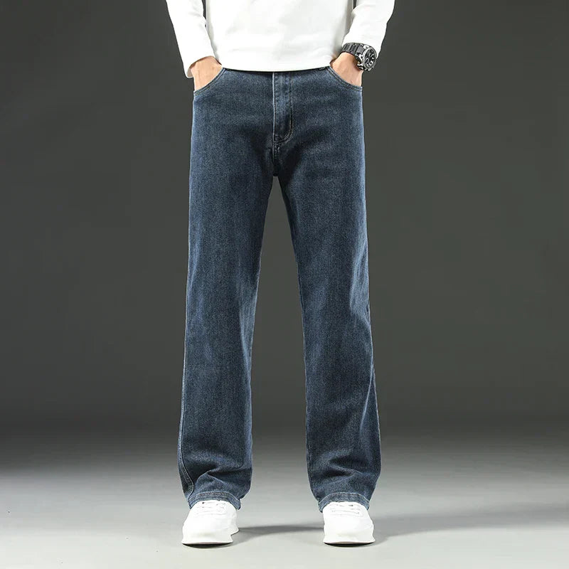 Men's Wide Leg Jeans with Side Patch Pocket - Woven Label Detail - Full Length Casual Style
