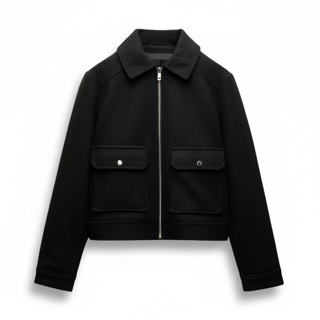 Women’s Cropped Zip Up Jacket with Pointed Collar and Flap Patch Pockets