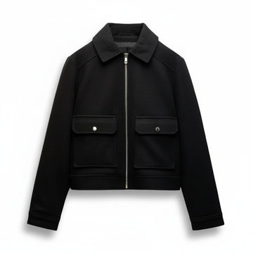 Women’s Cropped Zip Up Jacket with Pointed Collar and Flap Patch Pockets