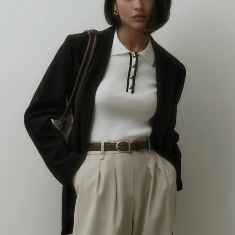 Women’s Ribbed Short Sleeve Polo Top with Button Placket and Contrast Collar