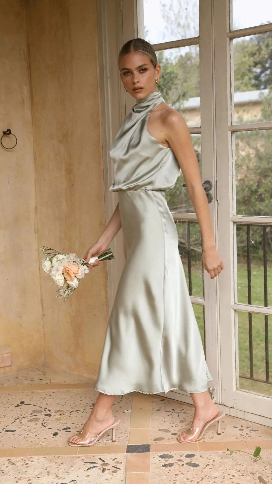 Satin Draped Neckline Maxi Dress with Elasticated Waist