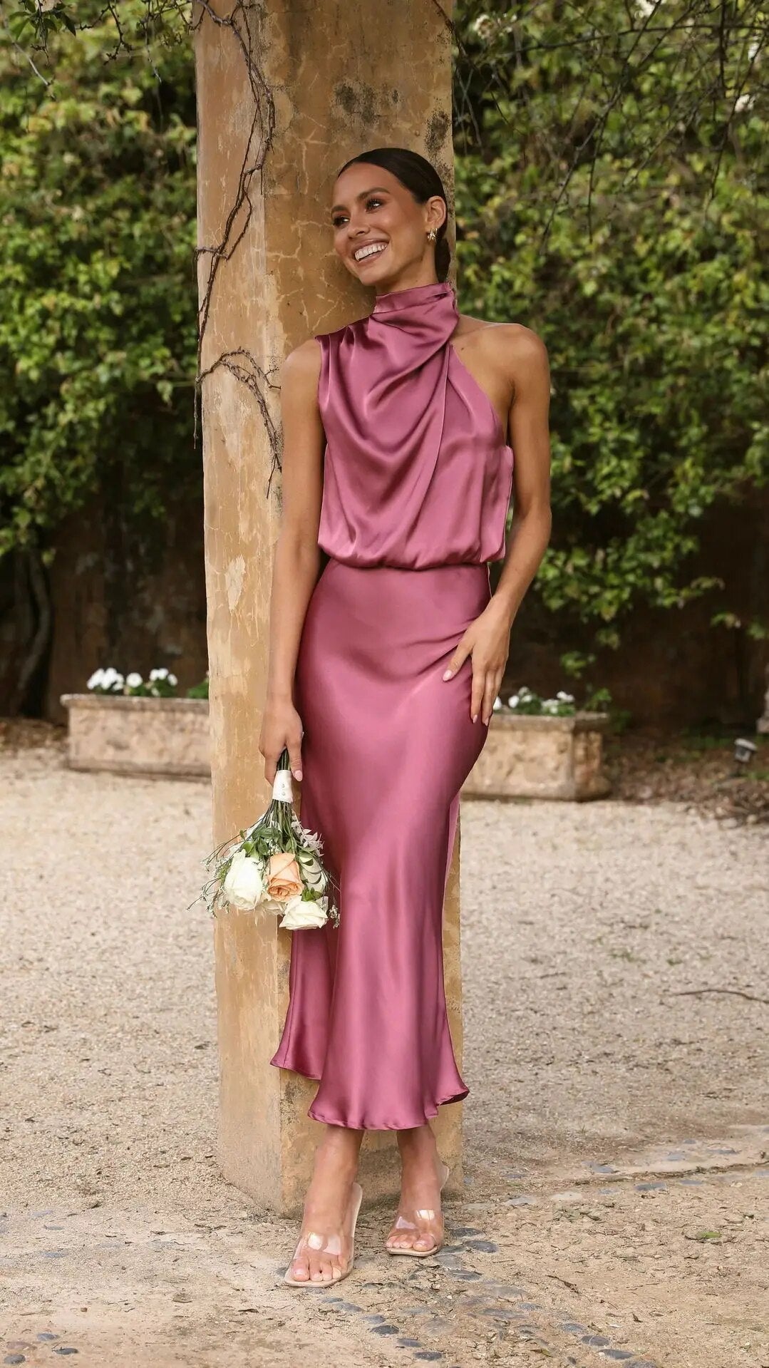 Satin Draped Neckline Maxi Dress with Elasticated Waist