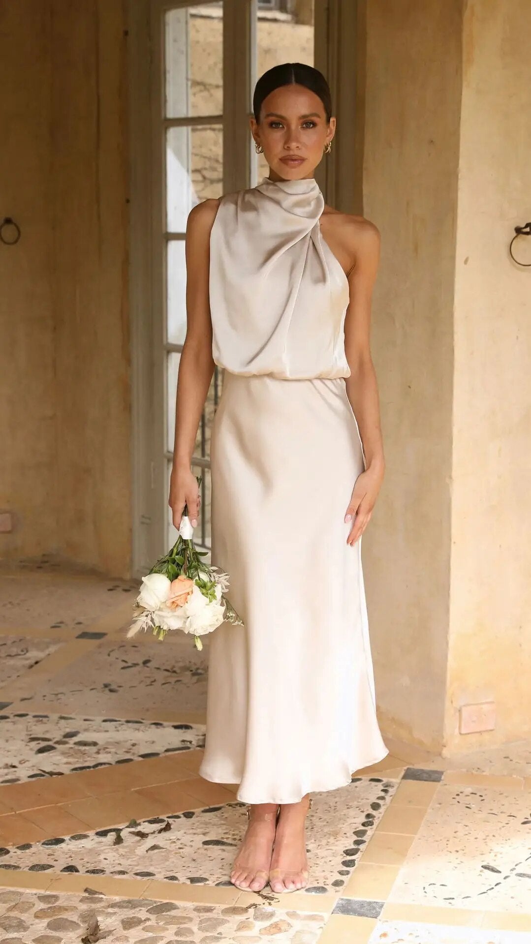 Satin Draped Neckline Maxi Dress with Elasticated Waist