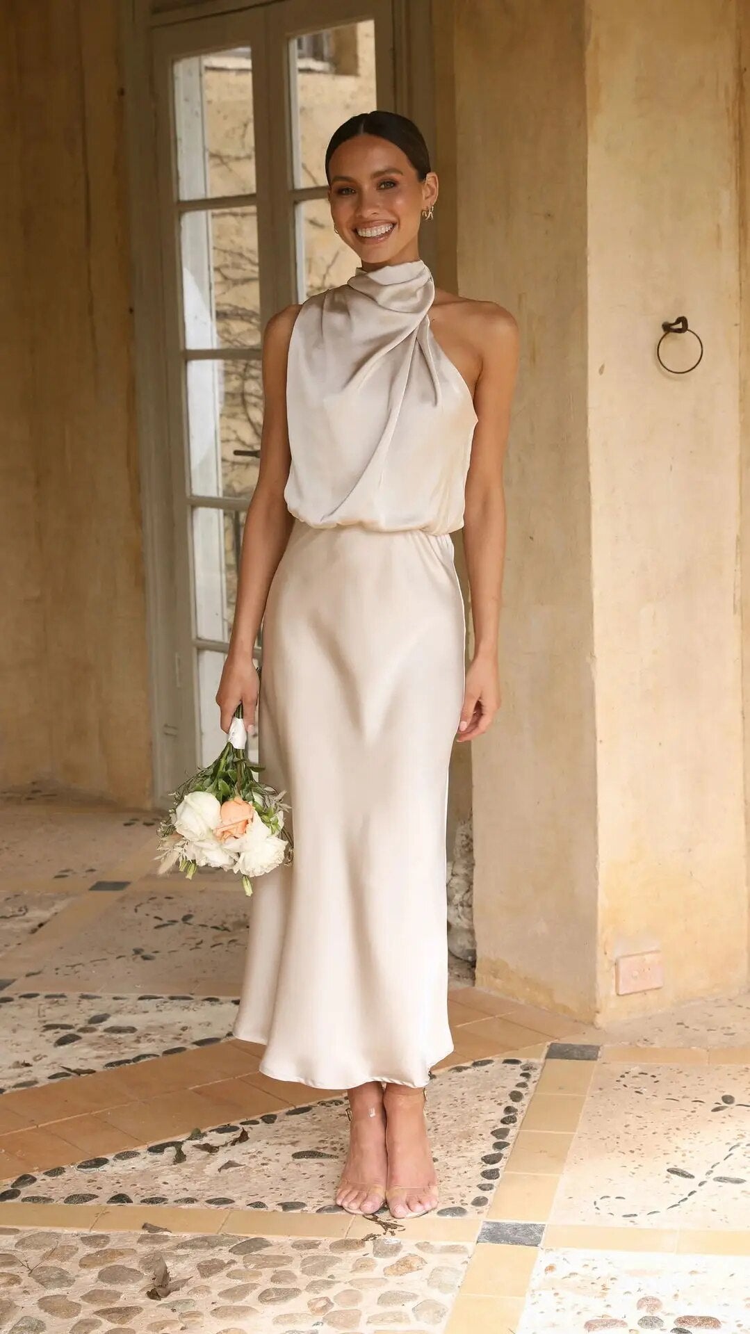 Satin Draped Neckline Maxi Dress with Elasticated Waist
