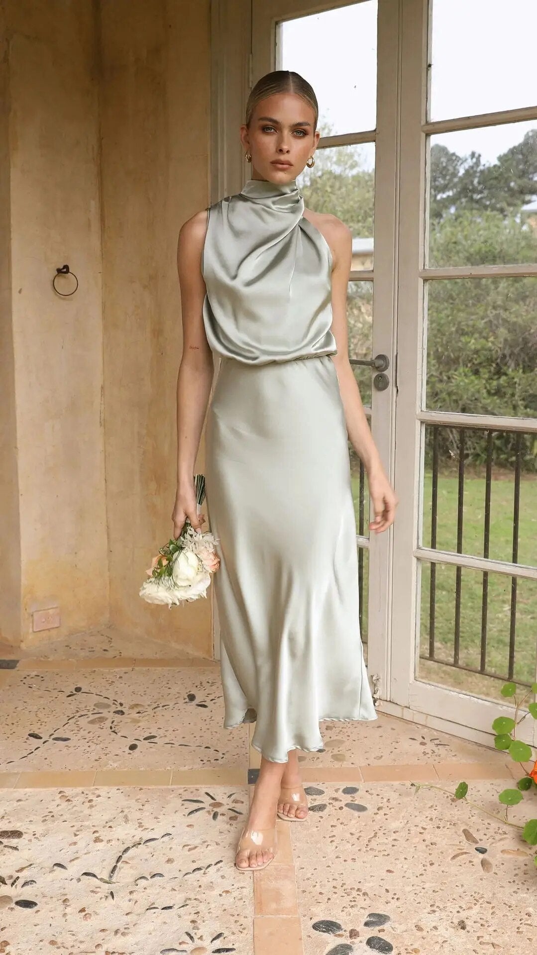 Satin Draped Neckline Maxi Dress with Elasticated Waist