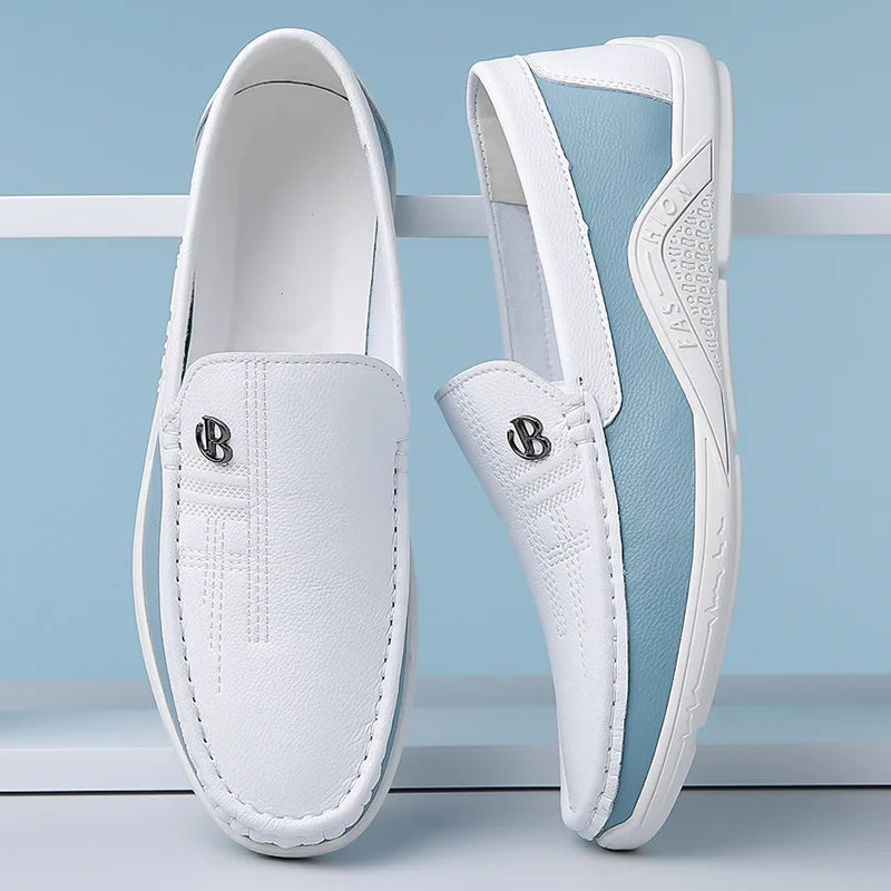 Men's Slip-On Loafers with Contrast Panel - Metal Badge Detail - White Sole - Casual Style