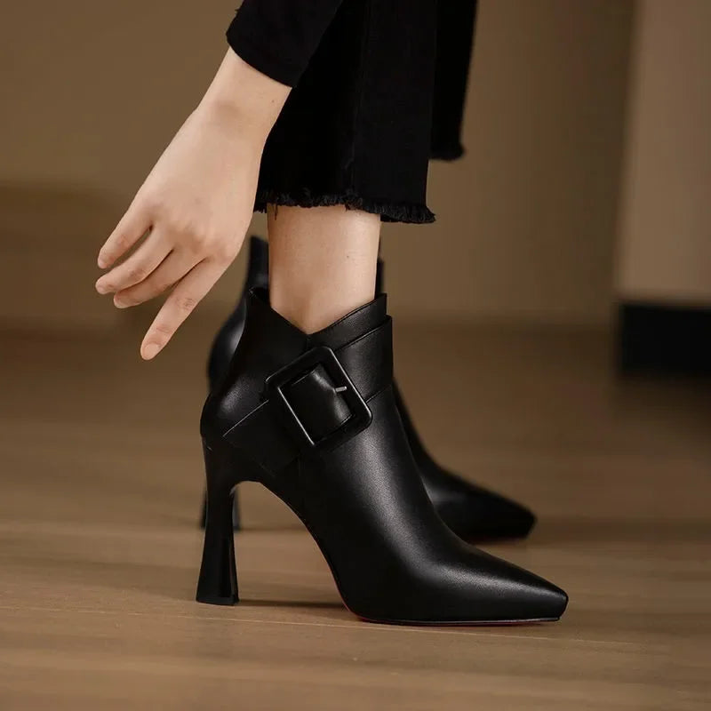 Women’s Pointed Toe Ankle Boots – Buckle Detail High Heel
