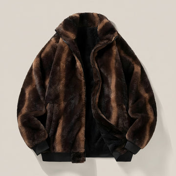 Women’s Faux Fur Bomber Jacket – Zip Front Oversized Faux Fur Coat with Ribbed Cuffs
