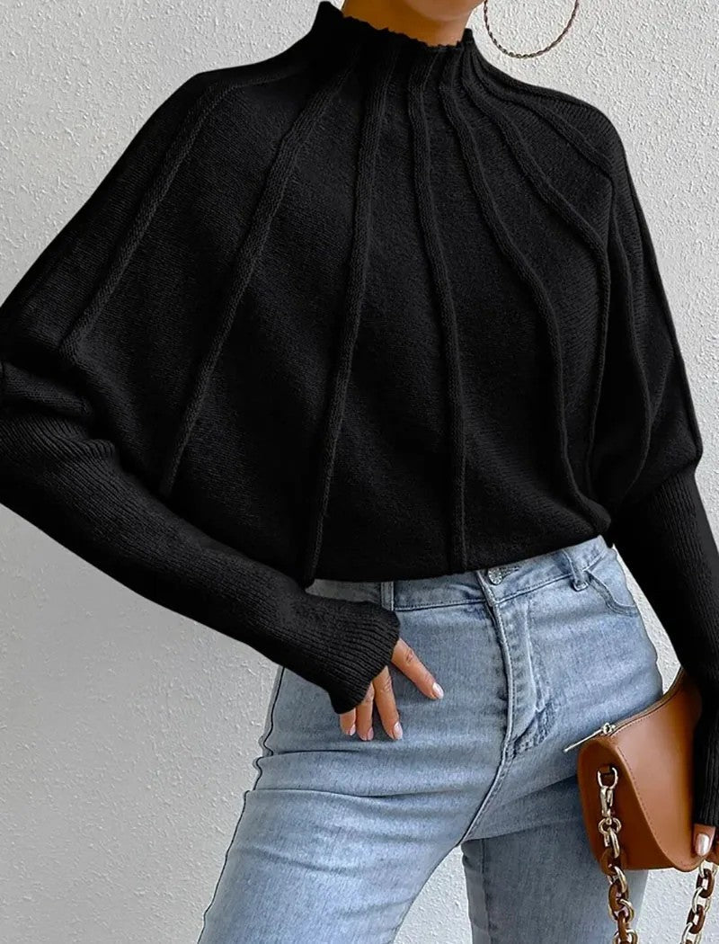 Women’s Cropped Knit Jumper – High Neck Relaxed Fit Ribbed Detail