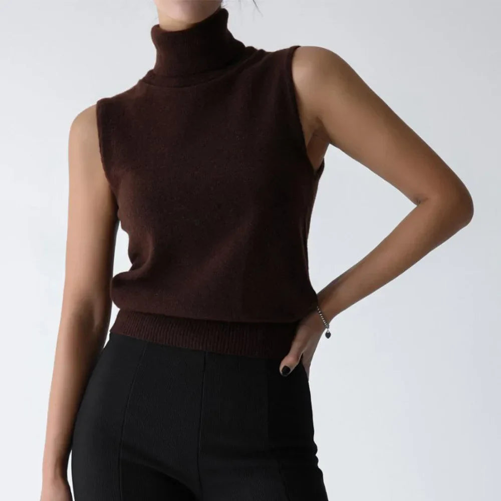 Women’s Sleeveless High Neck Knitted Vest with Ribbed Hem and Fitted Silhouette