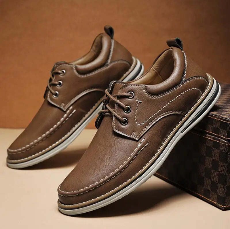 Men's Genuine Leather Lace Up Casual Shoes - Contrast Stitch - Layered Sole