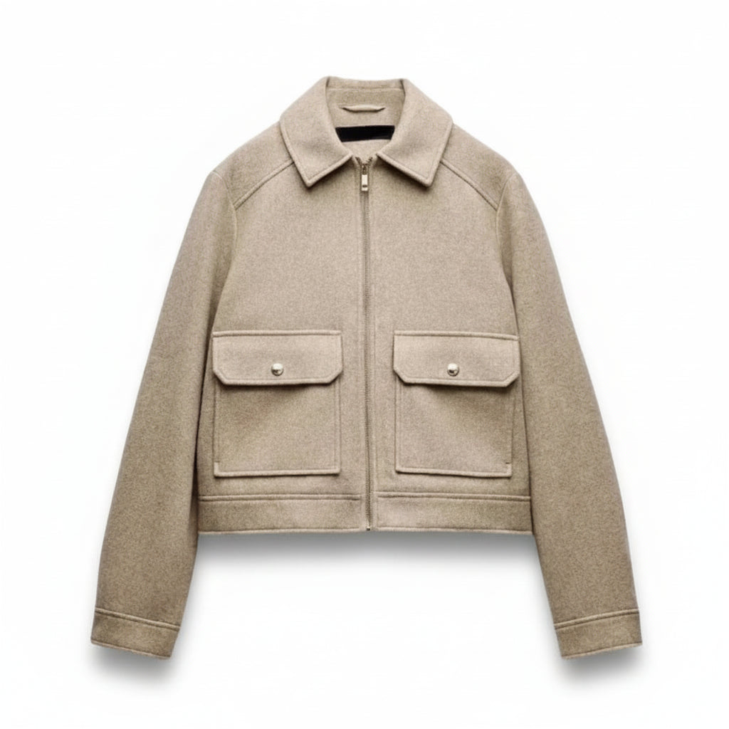 Women’s Cropped Zip Up Jacket with Pointed Collar and Flap Patch Pockets