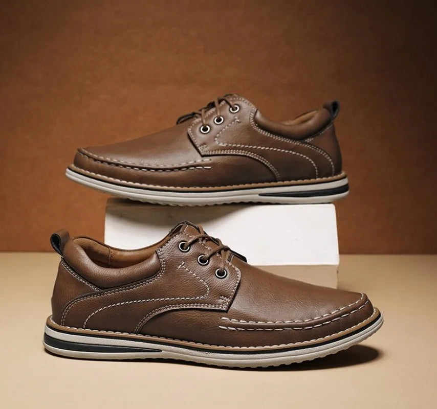 Men's Genuine Leather Lace Up Casual Shoes - Contrast Stitch - Layered Sole