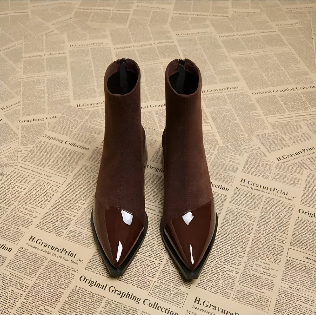 Women's Ankle Boots - Pointed Patent Toe Cap - Block Heel - Back Zip - Stretch Shaft