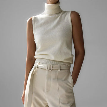 Women’s Sleeveless High Neck Knitted Vest with Ribbed Hem and Fitted Silhouette