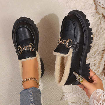Women’s Platform Loafers – Chunky Sole Slip On Shoes with Chain Detail and Sherpa Lining
