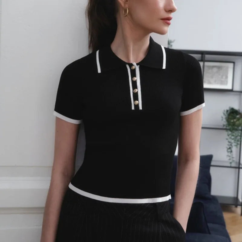 Women’s Ribbed Short Sleeve Polo Top with Button Placket and Contrast Collar